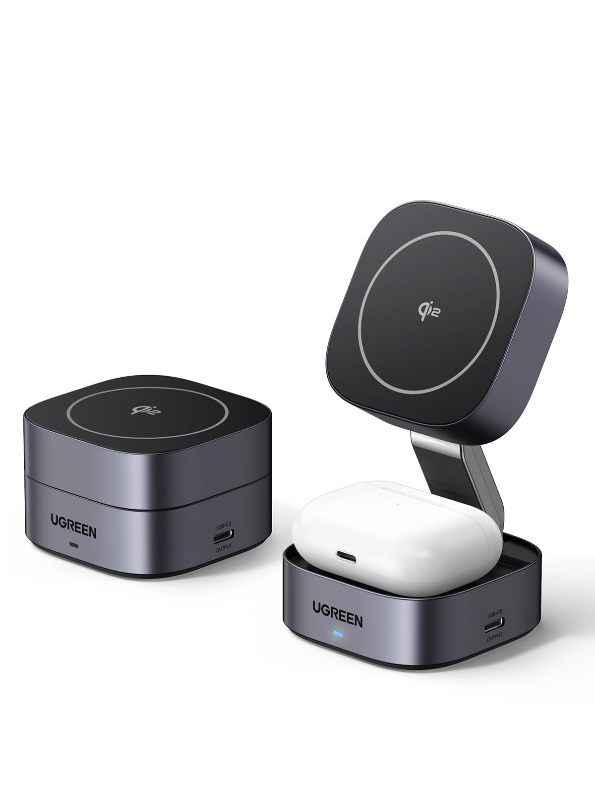 UGREEN MagFlow Qi2 Magnetic Foldable Charging Station 2-in-1 Fast Wireless Charger Compatible with iPhone 16 15 14 13 12 Airpods3 2 Pro (No AC Adapter)